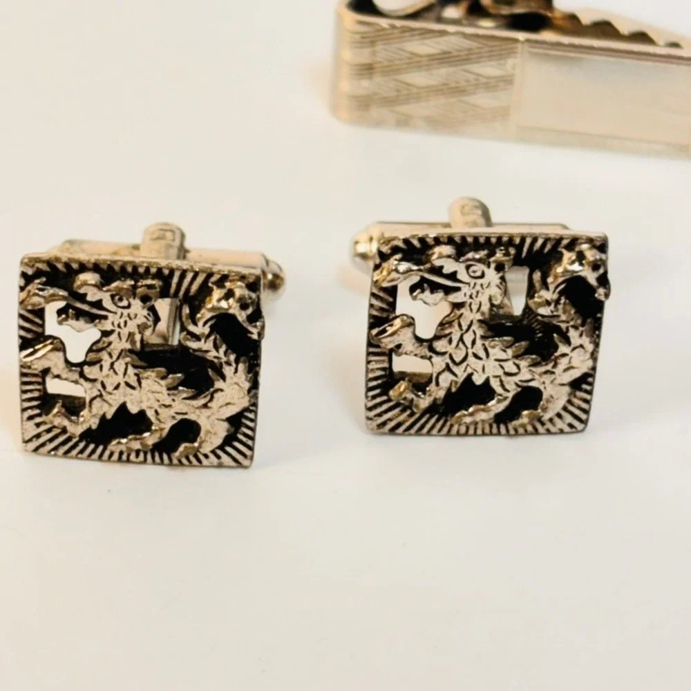 Vintage Griffin Cufflinks Bulldog Pin Tie Clip Set Silver Tone Dark Academia